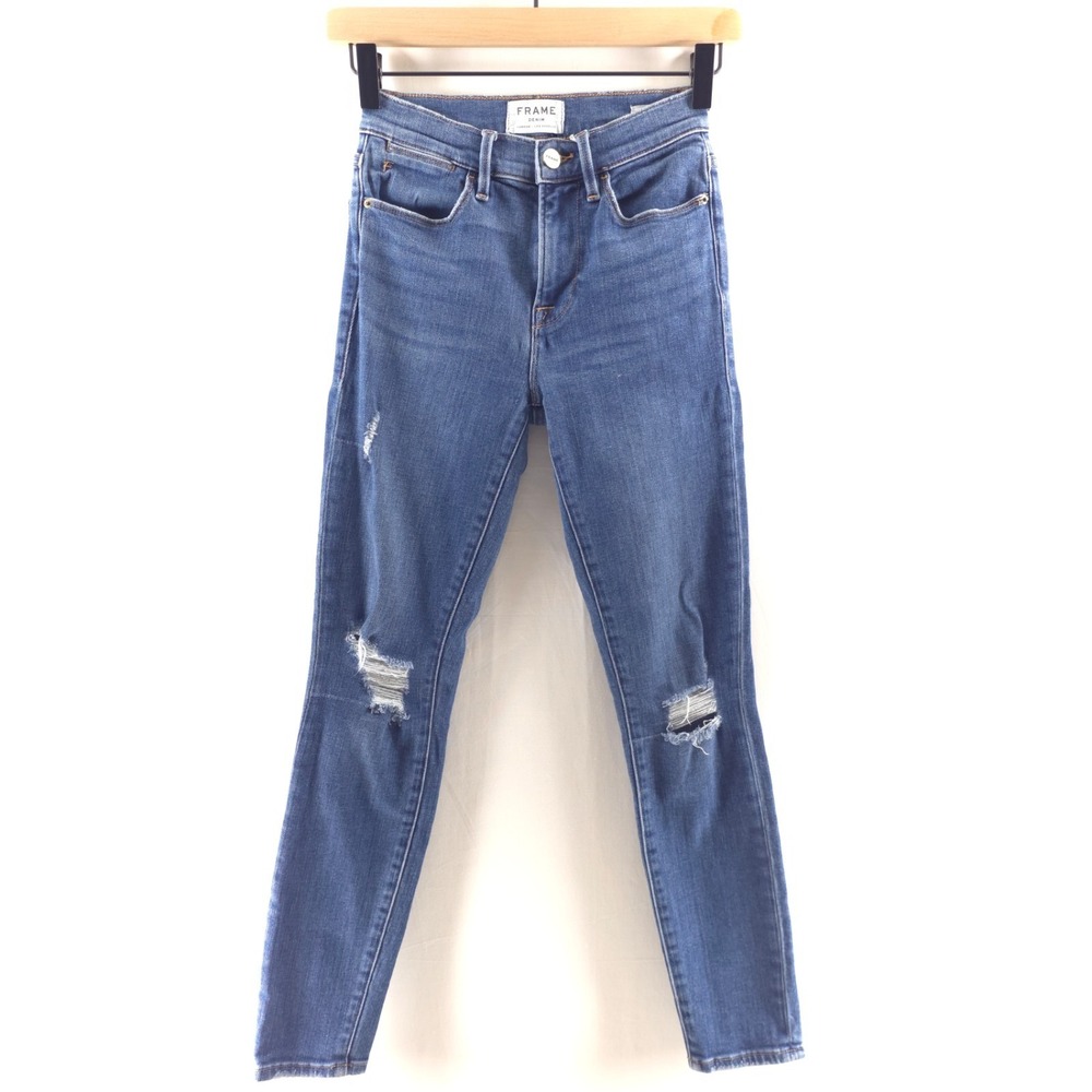 Frame Womens Jeans‎ Clyde 25 Blue Distressed High Rise Skinny LHSK793 Denim